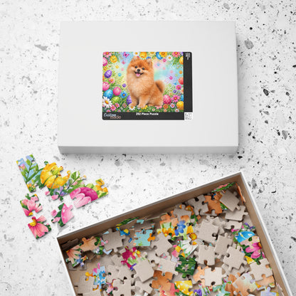 Pomeranian (Orange Sable) Easter Puppy Puzzle - Spring Garden with Eggs, Tulips, and Daisies