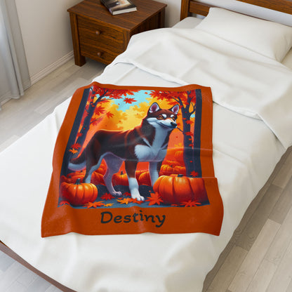 Dark Red Husky amber eyes velveteen plush blanket, custom dog throw for red Husky owners - MySisterIsASurvivor