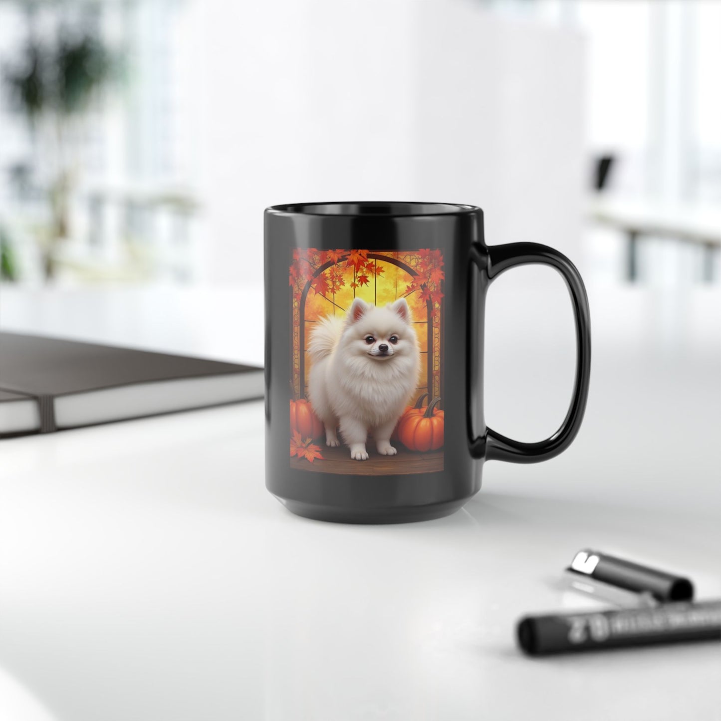 White Pomeranian personalized fall coffee mug, custom dog lover gift for cozy autumn drinks