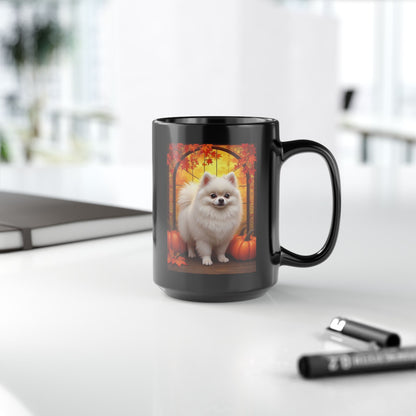 White Pomeranian personalized fall coffee mug, custom dog lover gift for cozy autumn drinks