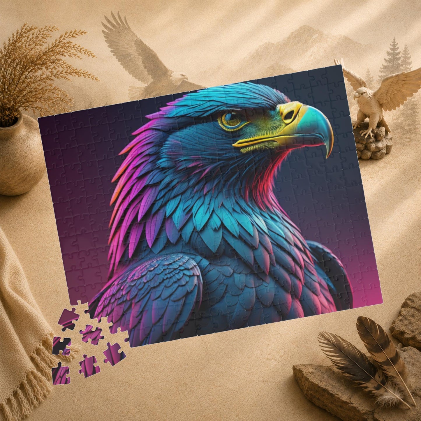 Eagle's Fortitude - Neon Eagle Portrait Puzzle with Teal and Pink-Purple Feathers on Dark Gradient