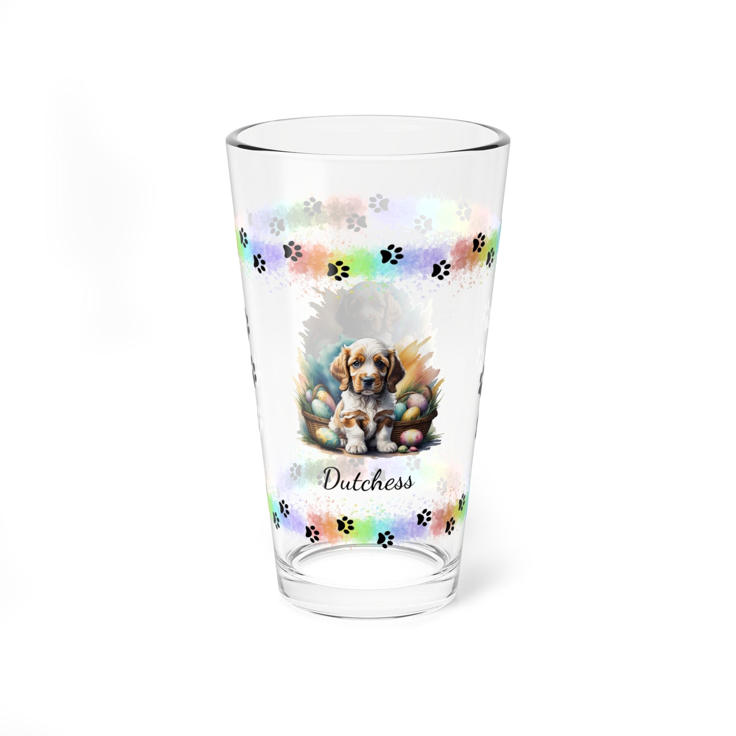 Cocker Spaniel (Orange Roan) Personalized Easter Puppy 16oz Pint Glass - Custom Dog Design, Mental Health Gift, Easter Décor, and Festive Celebrations