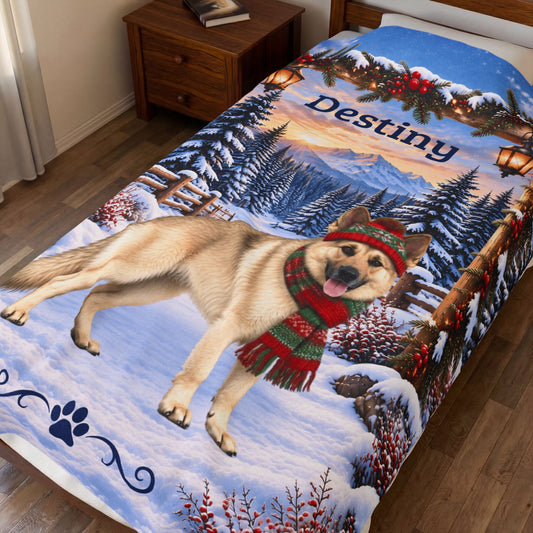 German Shepherd (Cream Coat) - Personalized Winter Cabin Blanket, Custom Name Velveteen Throw - MySisterIsAsurvor