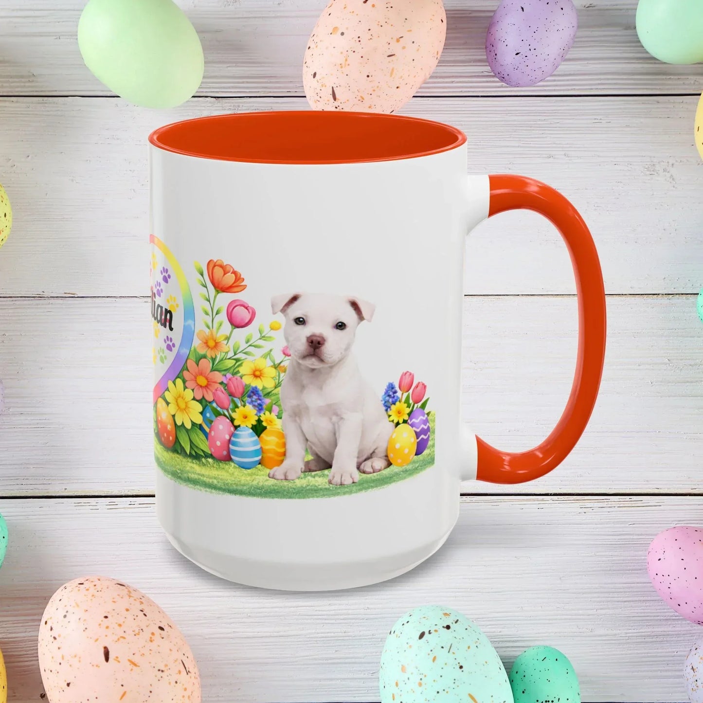 Shop our pitbull white puppy easter mug featuring the 15oz style option from MySisterIsASurvivor.