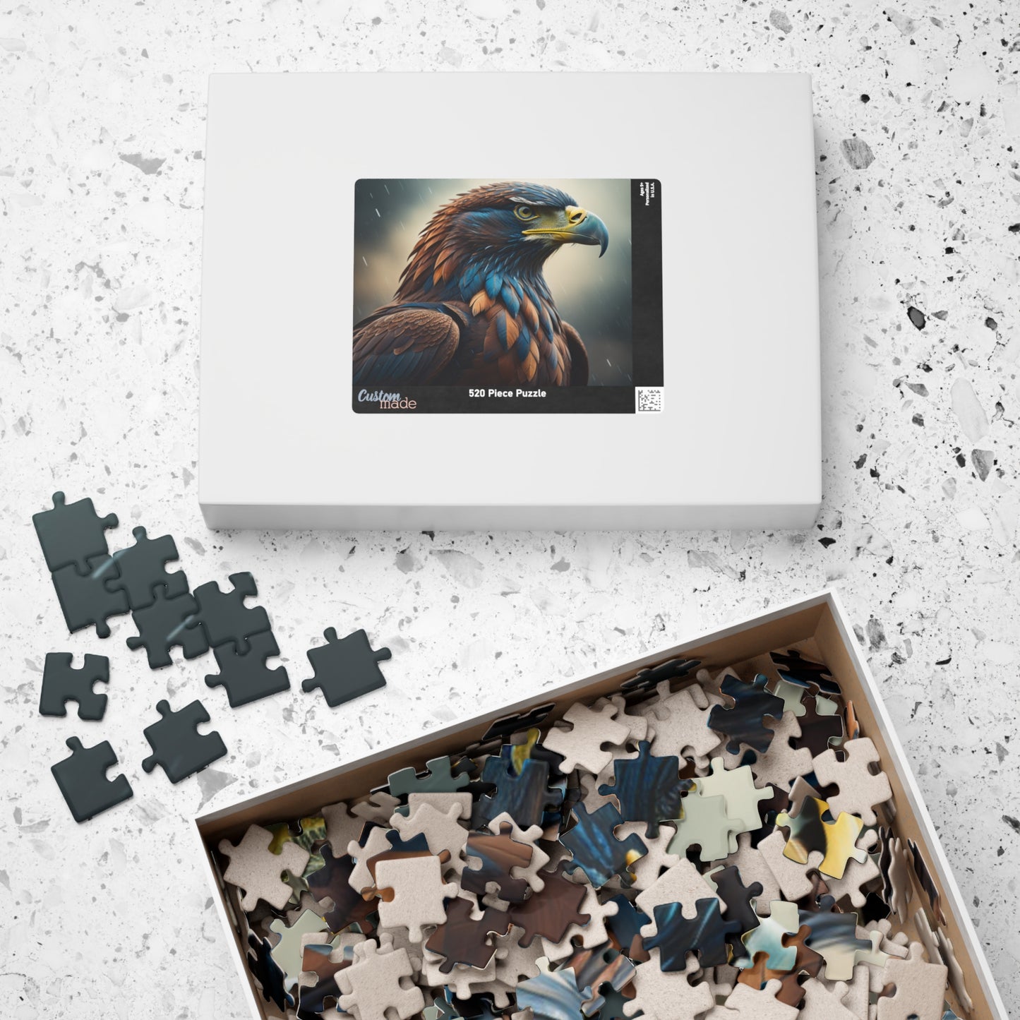 Talon Resilience - Brooding Eagle Portrait Puzzle with Dark Blue Feathers on Stormy Rainy Background