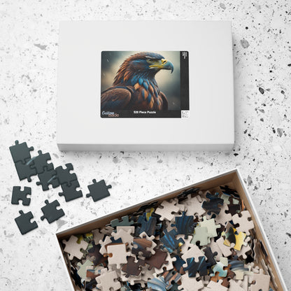 Talon Resilience - Brooding Eagle Portrait Puzzle with Dark Blue Feathers on Stormy Rainy Background