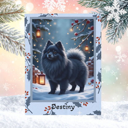 Pomeranian Blue custom winter blanket showing a rare blue Pom in a cheerful lodge-style winter illustration