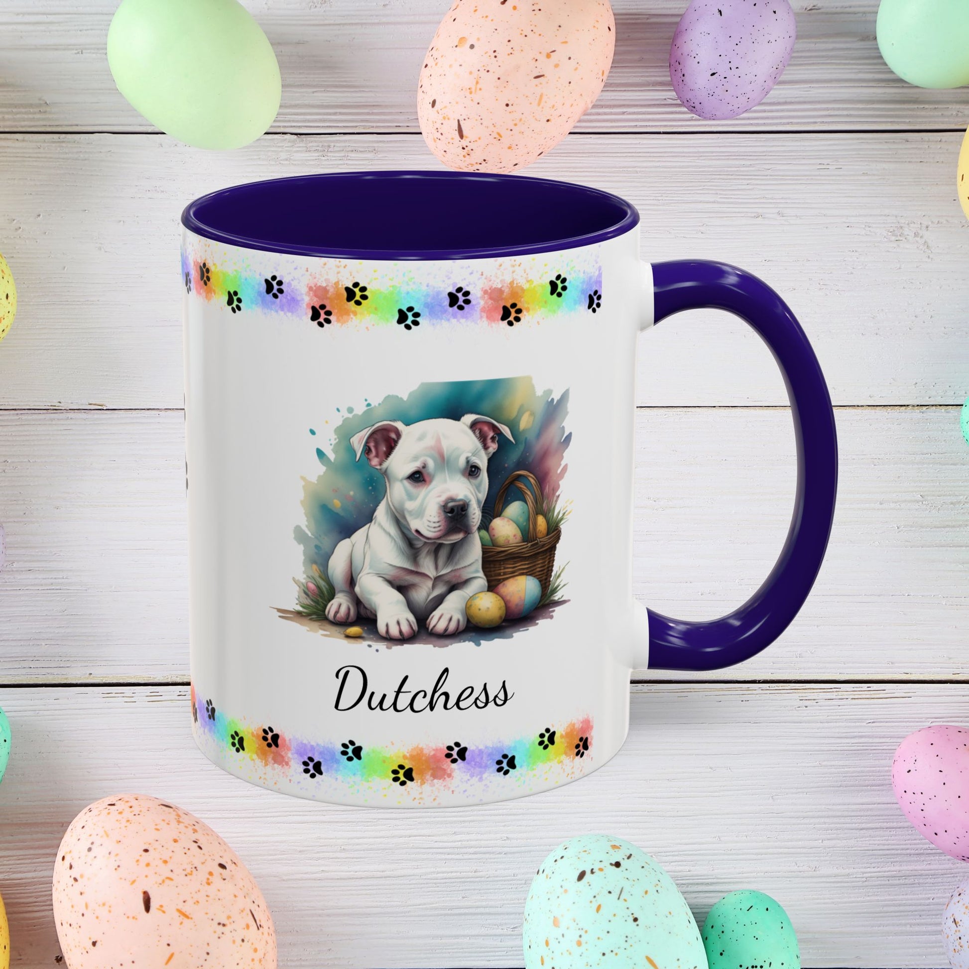 Pitbull (White): Personalized Easter Puppy Coffee Mug - Adorable Dog Design, Mental Health Gift, 11oz & 15oz, 12 Color Choices, Easter Gifts & Décor