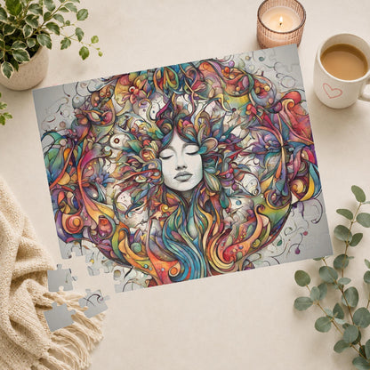 Creative Expression - Psychedelic Woman's Portrait Puzzle with Colorful Swirling Vines and Flowers