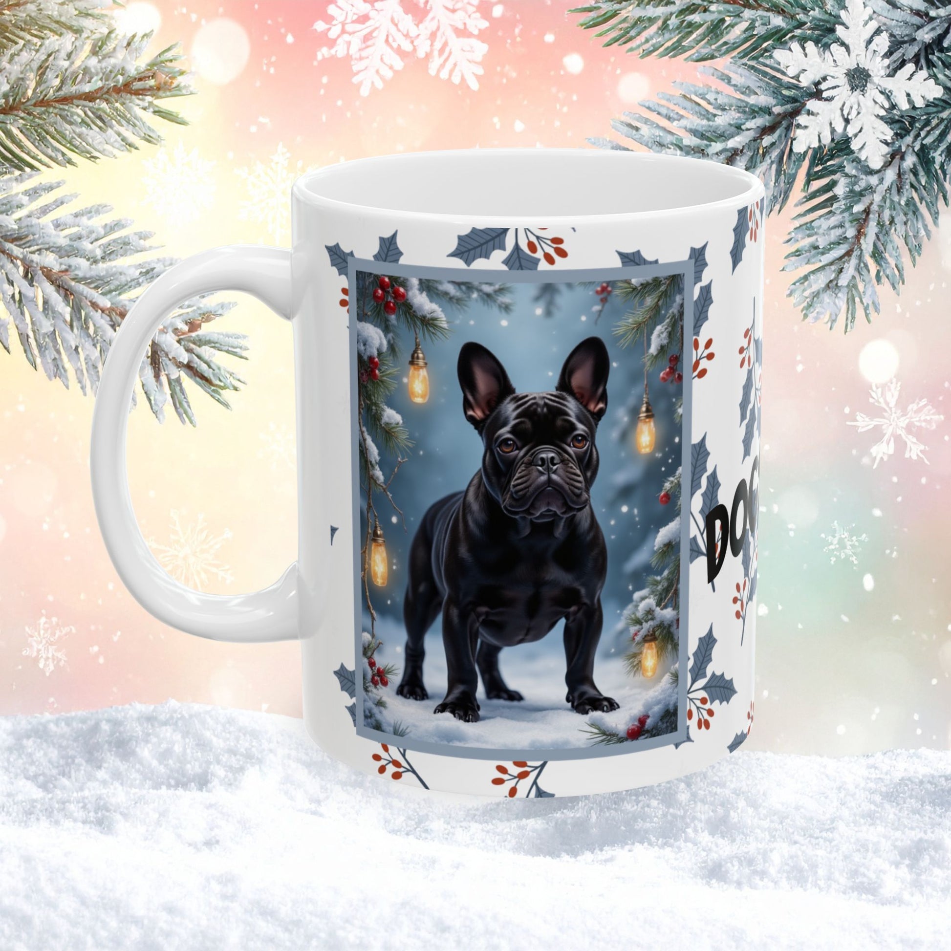 French Bulldog (Black) Winter Mug - black French Bulldog illustrated standing in a cozy winter scene with snow and pine accents