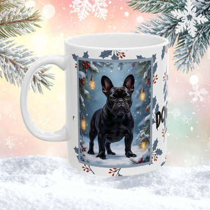 French Bulldog (Black) Winter Mug - black French Bulldog illustrated standing in a cozy winter scene with snow and pine accents