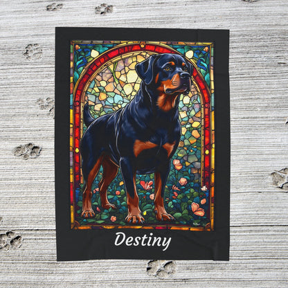 Rottweiler Black & Mahogany Coat Blanket, Velveteen Plush Stained Glass Dog Throw, Personalized Gift