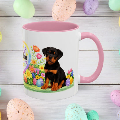 Shop our rottweiler black rust puppy easter mug featuring the 11oz style option from MySisterIsASurvivor.