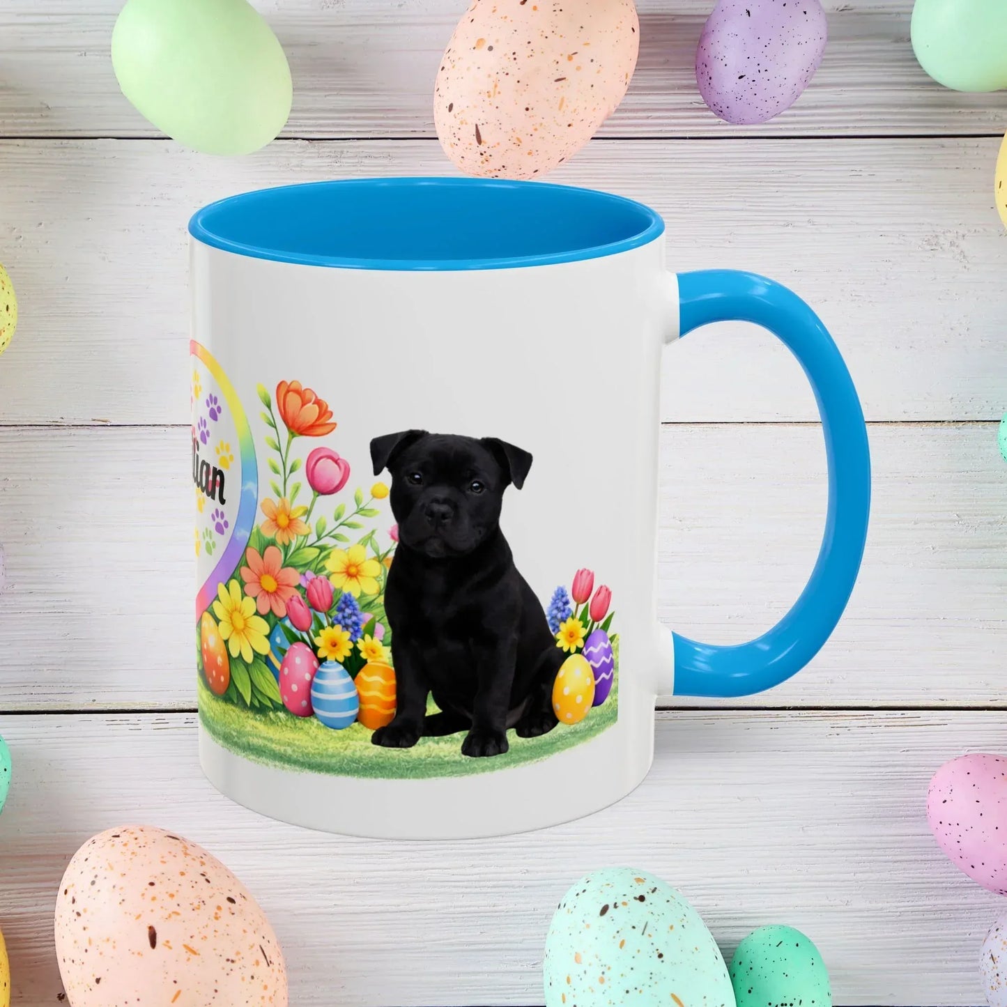 Shop our pitbull black puppy easter mug featuring the 11oz style option from MySisterIsASurvivor.