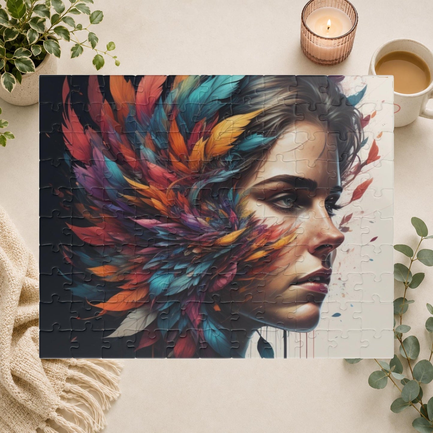 Resilience Palette - Woman's Portrait Puzzle with Colorful Feathers Exploding from Dark Background