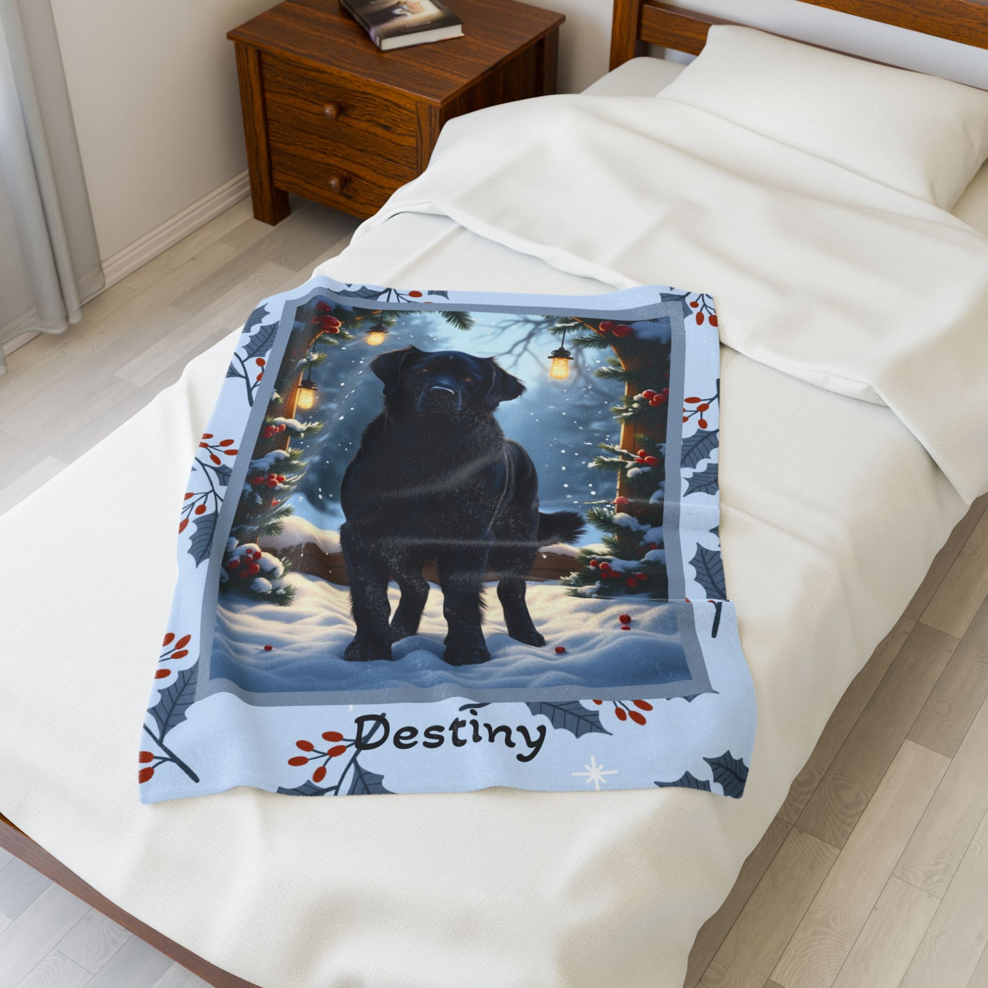 Golden Retriever Black custom winter blanket with friendly Golden Retriever artwork in a glowing lodge scene
