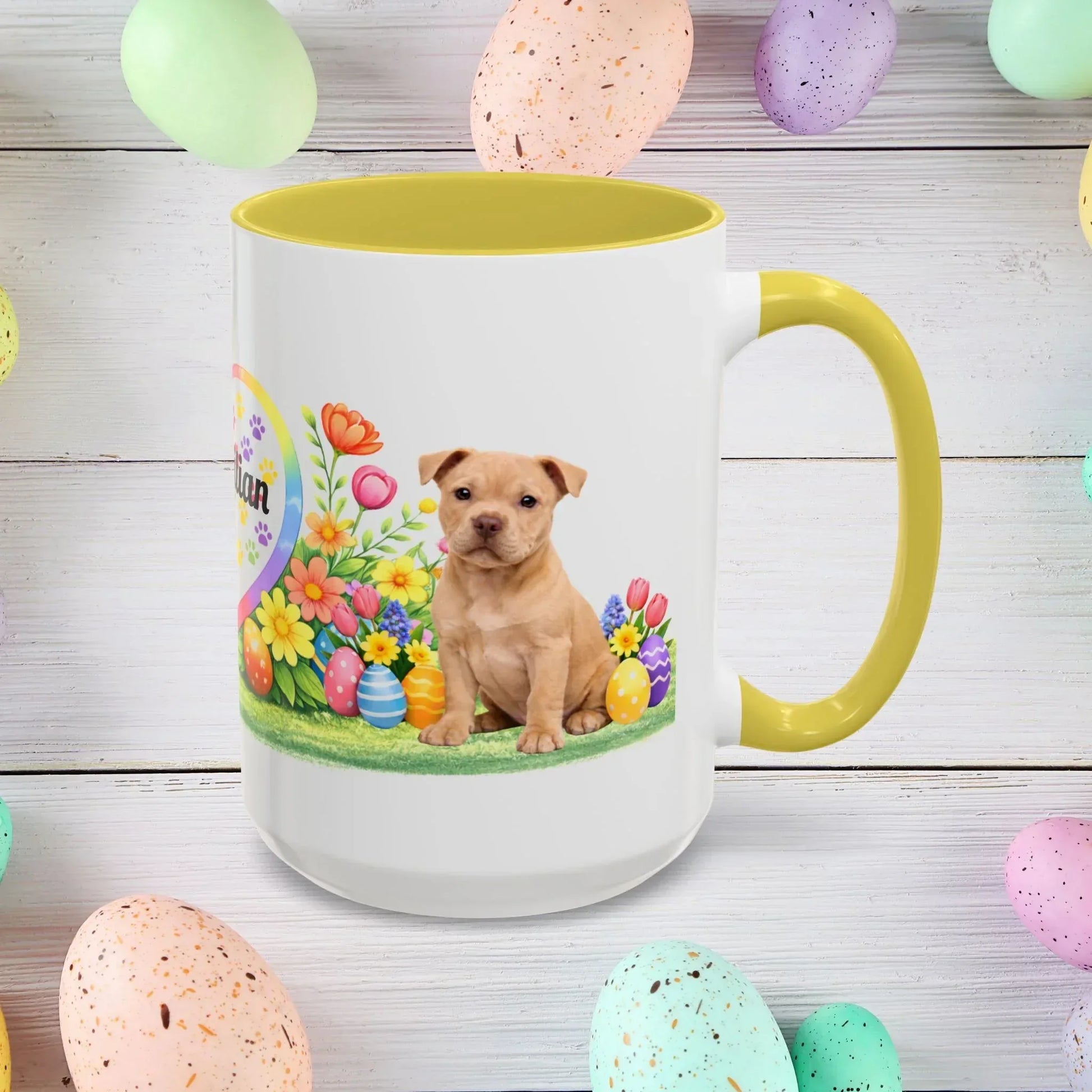 Shop our premium pitbull fawn puppy easter mug from MySisterIsASurvivor.