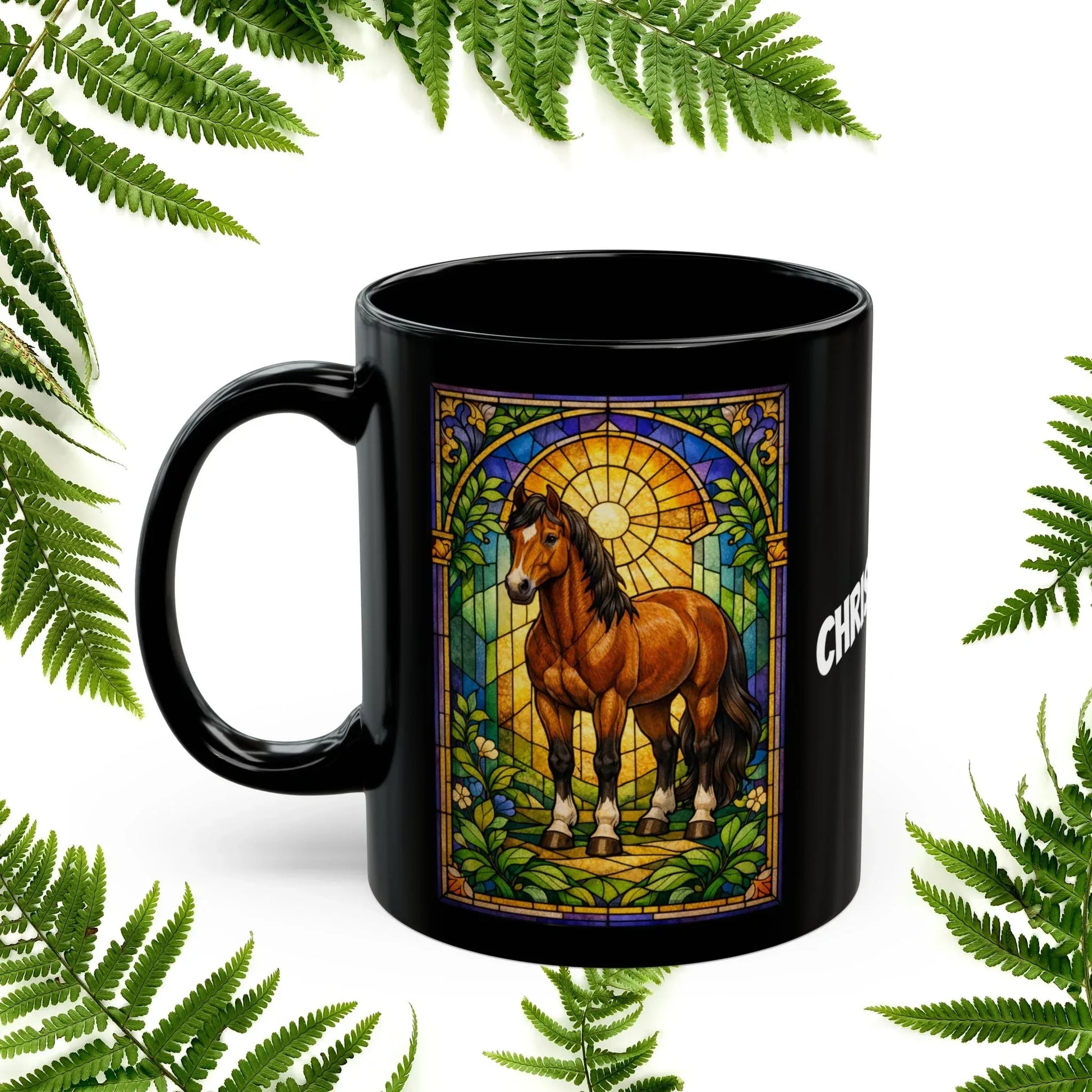 Shop our premium horse stained glass style black mug from MySisterIsASurvivor.