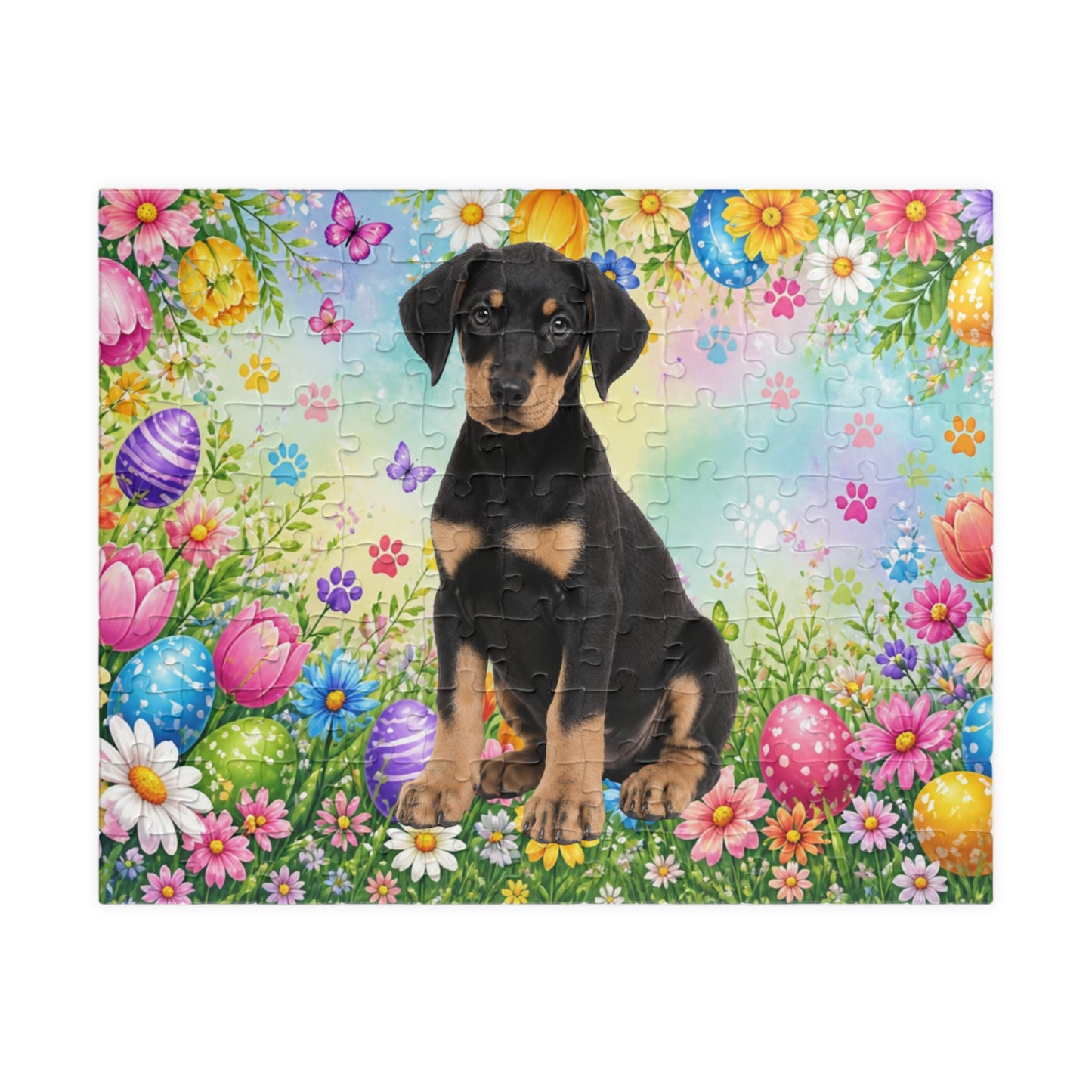 Doberman (Black & Tan) Easter Puppy Puzzle - Spring Garden with Eggs, Tulips, and Daisies