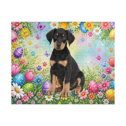 Doberman (Black & Tan) Easter Puppy Puzzle - Spring Garden with Eggs, Tulips, and Daisies