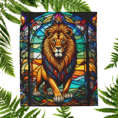 A bold lion blanket in stained glass design, combining wildlife strength with soft serenity.