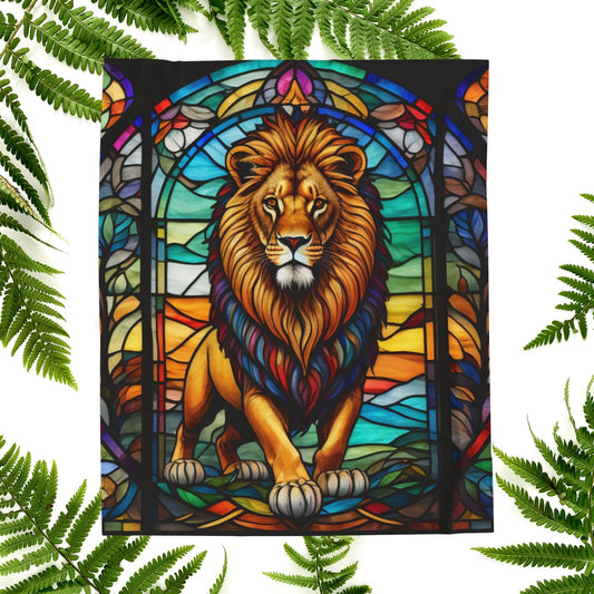 A bold lion blanket in stained glass design, combining wildlife strength with soft serenity.