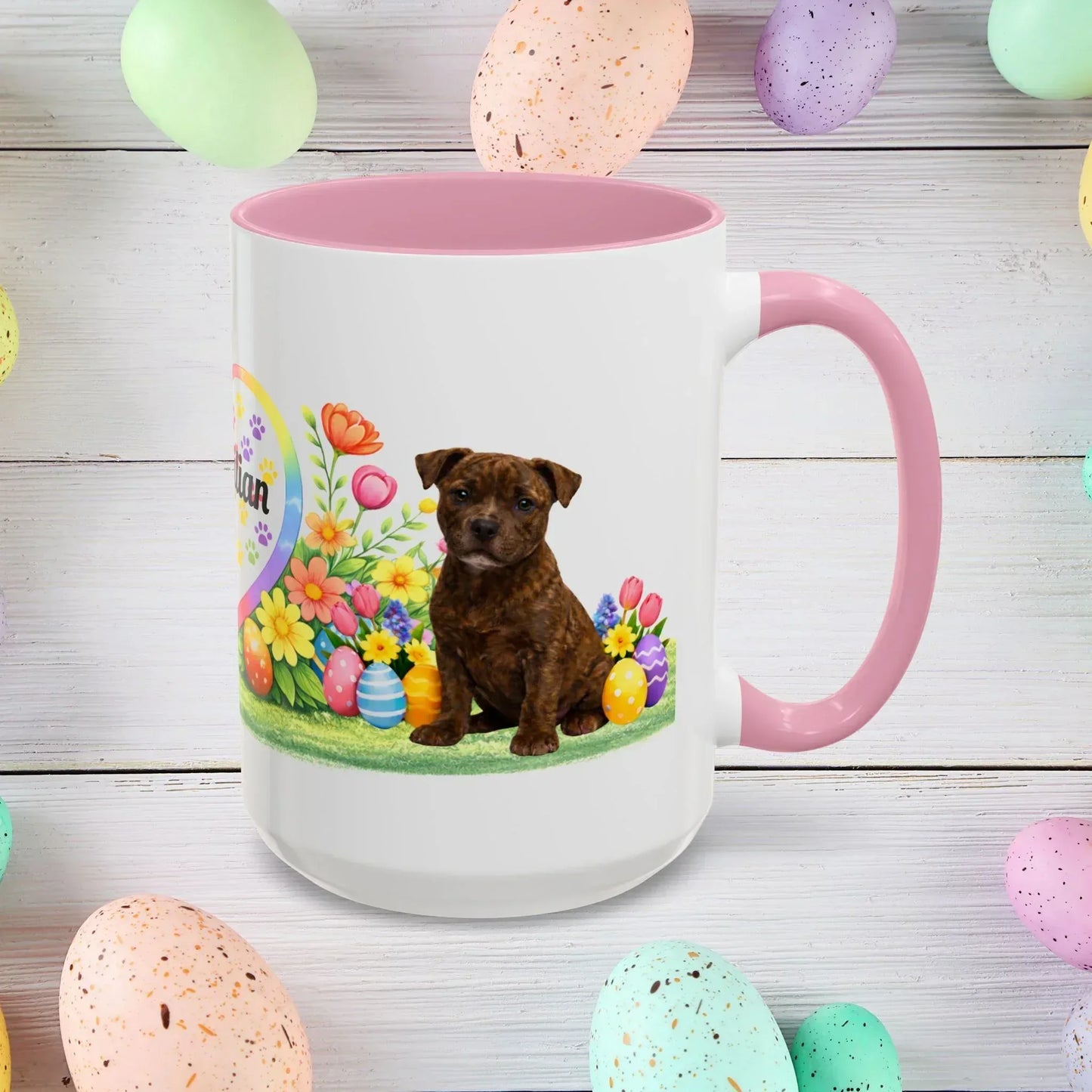 Shop our pitbull brindle puppy easter mug featuring the 15oz style option from MySisterIsASurvivor.