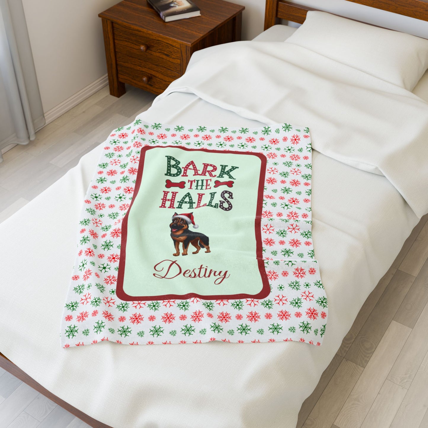 German Shepherd (Black & Rust) Personalized Velveteen Plush Blanket - "Bark The Halls" | Cozy Holiday Gift for Dog Lovers