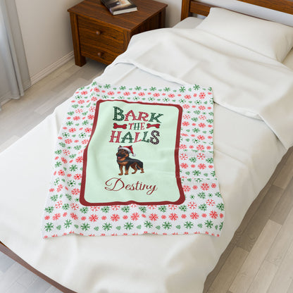 German Shepherd (Black & Rust) Personalized Velveteen Plush Blanket - "Bark The Halls" | Cozy Holiday Gift for Dog Lovers