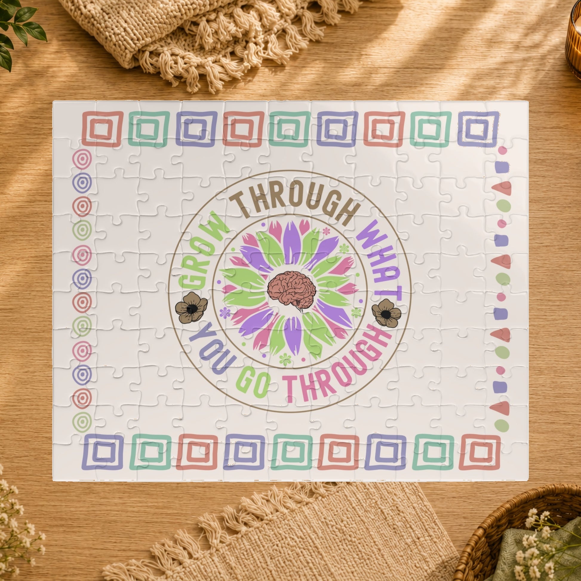 Jigsaw puzzle with motivational quote and colorful design on a white background