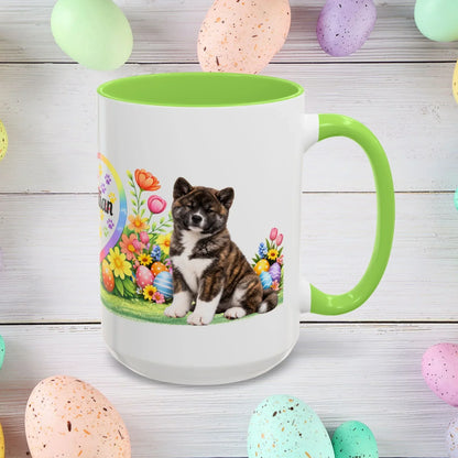 Shop our akita brindle puppy easter mug featuring the 15oz style option from MySisterIsASurvivor.