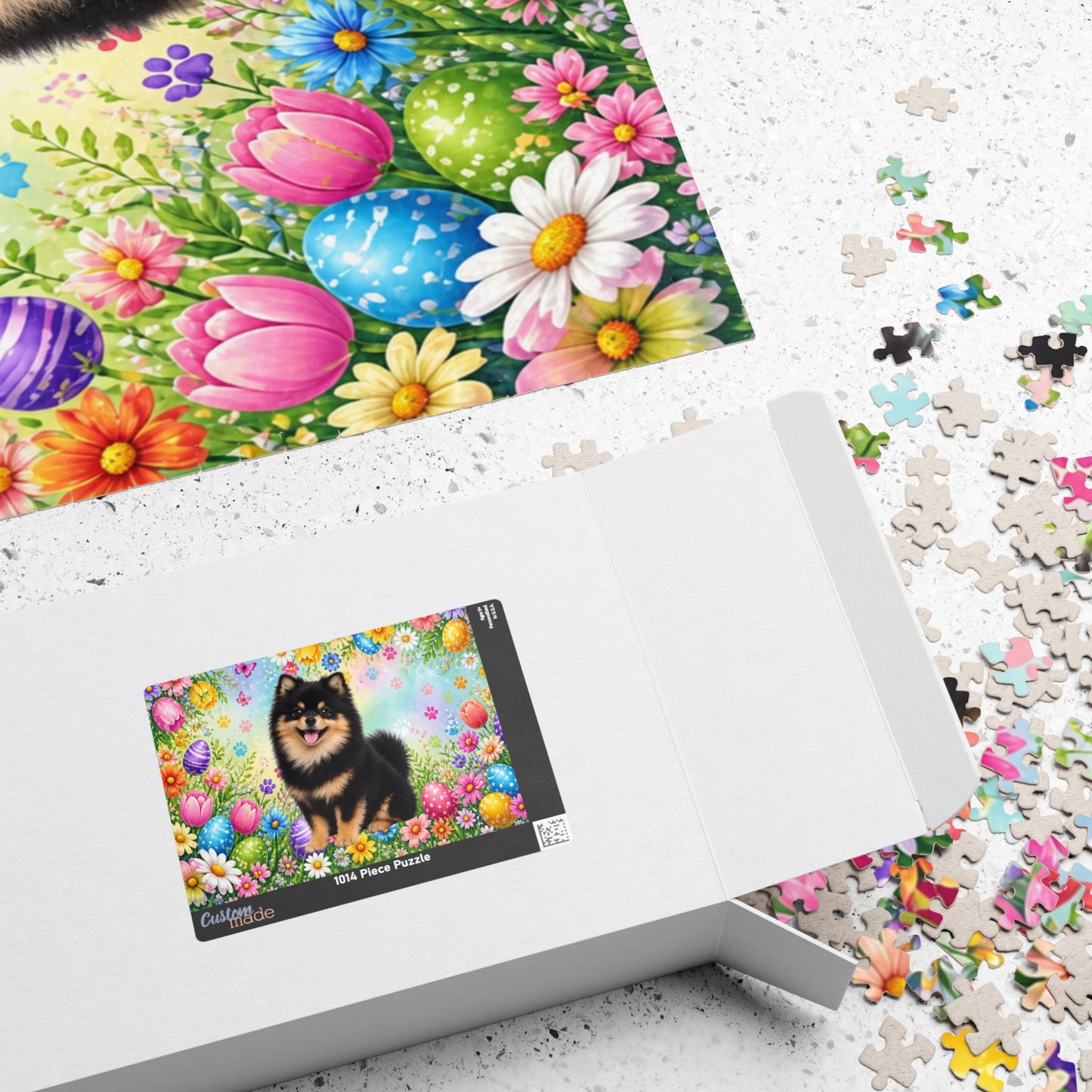Pomeranian (Black & Tan) Easter Puppy Puzzle - Spring Garden with Eggs, Tulips, and Daisies