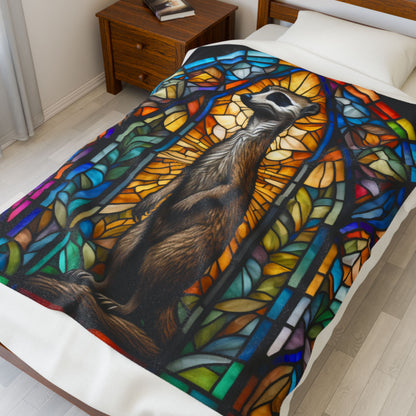A playful meerkat blanket featuring stained glass-inspired art and cozy plush warmth.