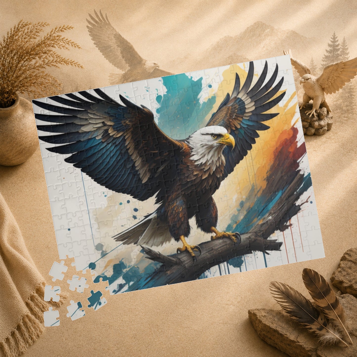 Inspirational Eagle Flight - Full-Body Bald Eagle Puzzle with Wings Spread on Watercolor Splash Background