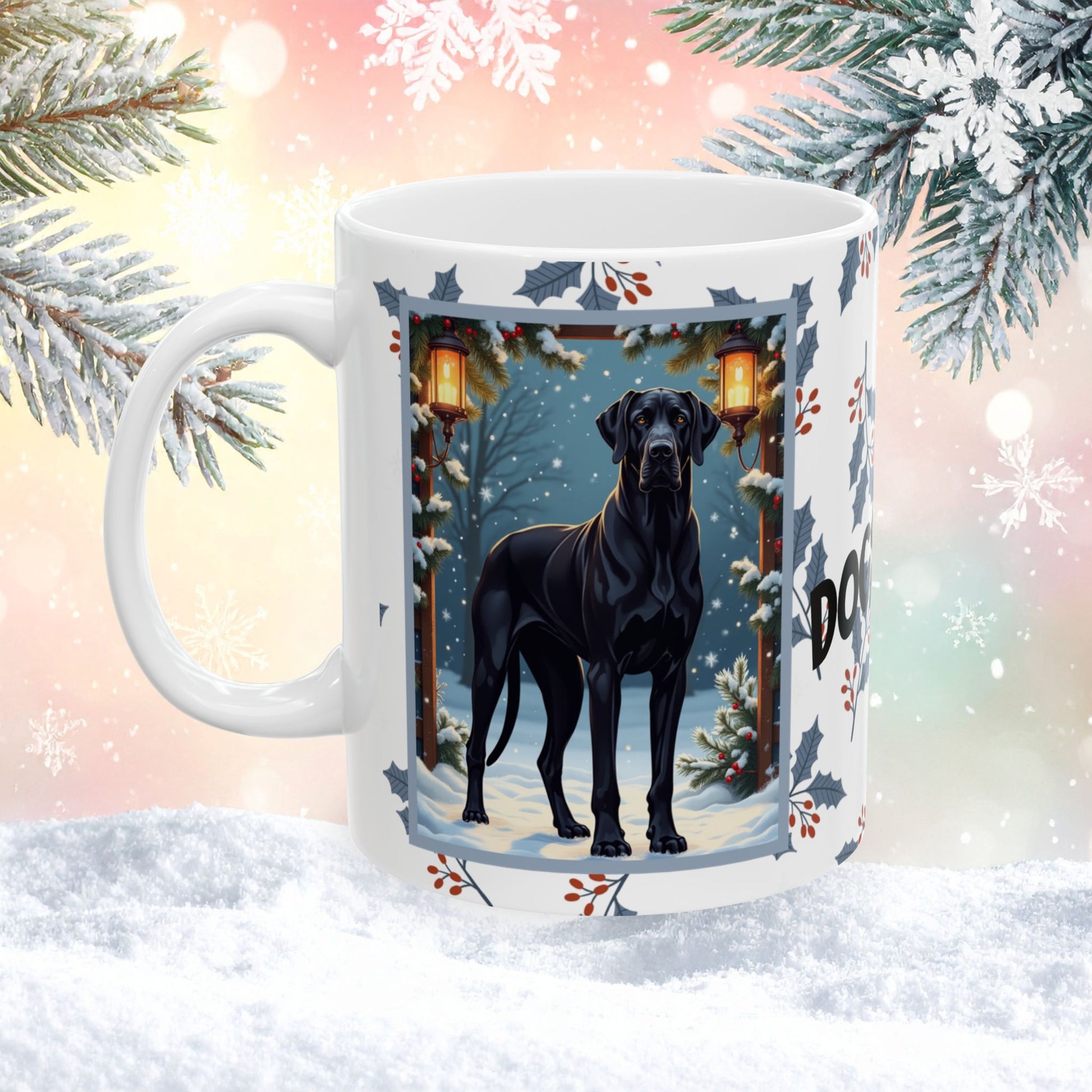 Great Dane (Black) Winter Mug - black Great Dane illustrated standing tall in a winter setting with snowy background
