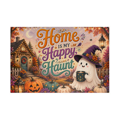 Home Is My Happy Haunt Halloween Puzzle - Witch Hat Ghost with Haunted House Mug and Fall Cottage