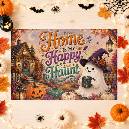 Home Is My Happy Haunt Halloween puzzle with ghost, haunted house mug, and cozy fall cottage