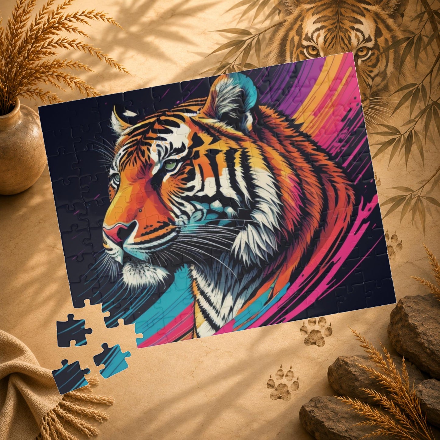 Stripes of Strength - Tiger Puzzle with Bold Rainbow Brushstrokes on Dark Background