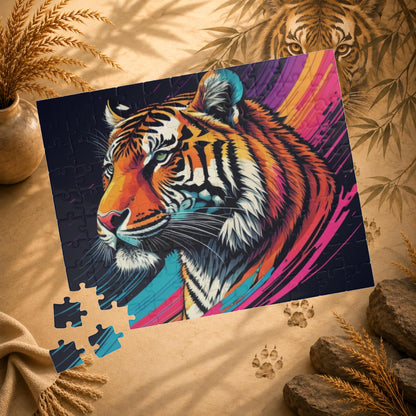 Stripes of Strength - Tiger Puzzle with Bold Rainbow Brushstrokes on Dark Background