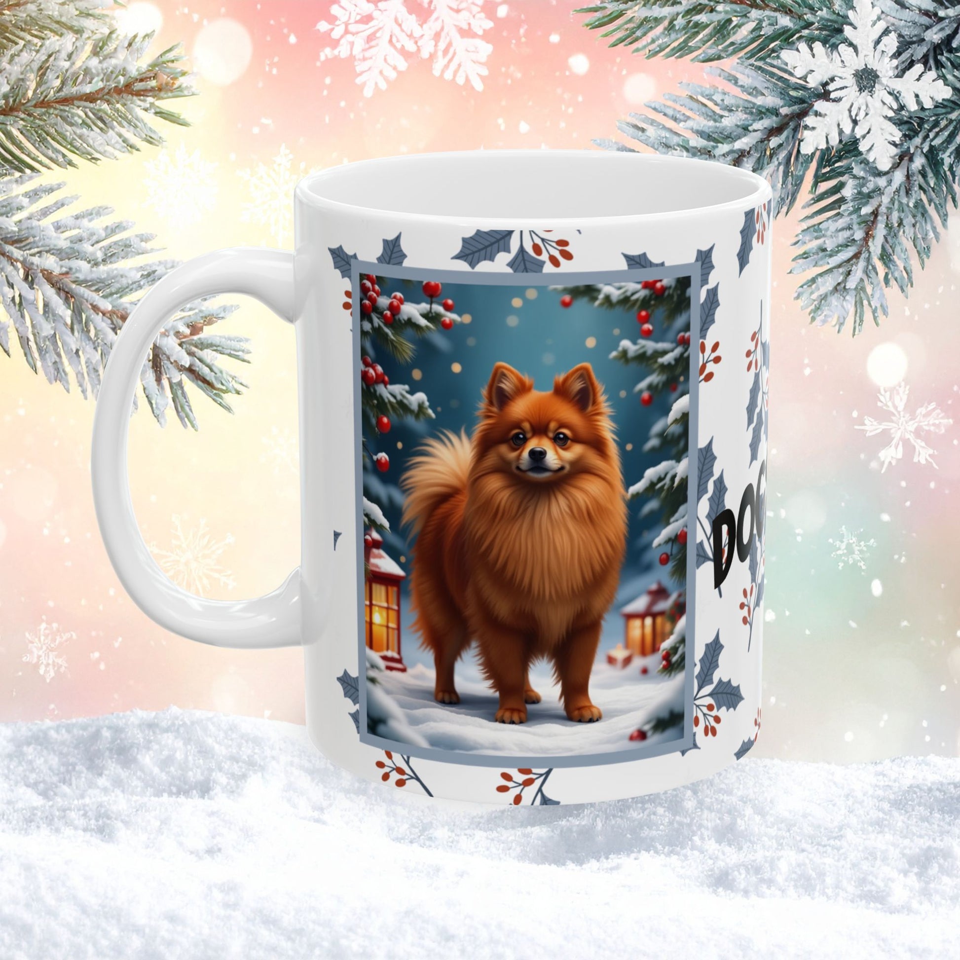 Pomeranian (Red) Winter Mug - red pomeranian illustrated standing in a winter scene with seasonal background