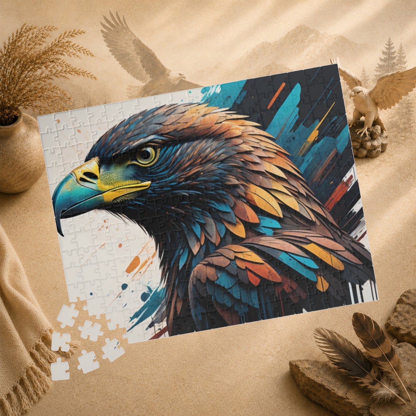 Eagle's Strength - Graffiti-Style Eagle Portrait Puzzle with Bold Brushstrokes in Teal and Orange