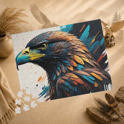Eagle's Strength - Graffiti-Style Eagle Portrait Puzzle with Bold Brushstrokes in Teal and Orange