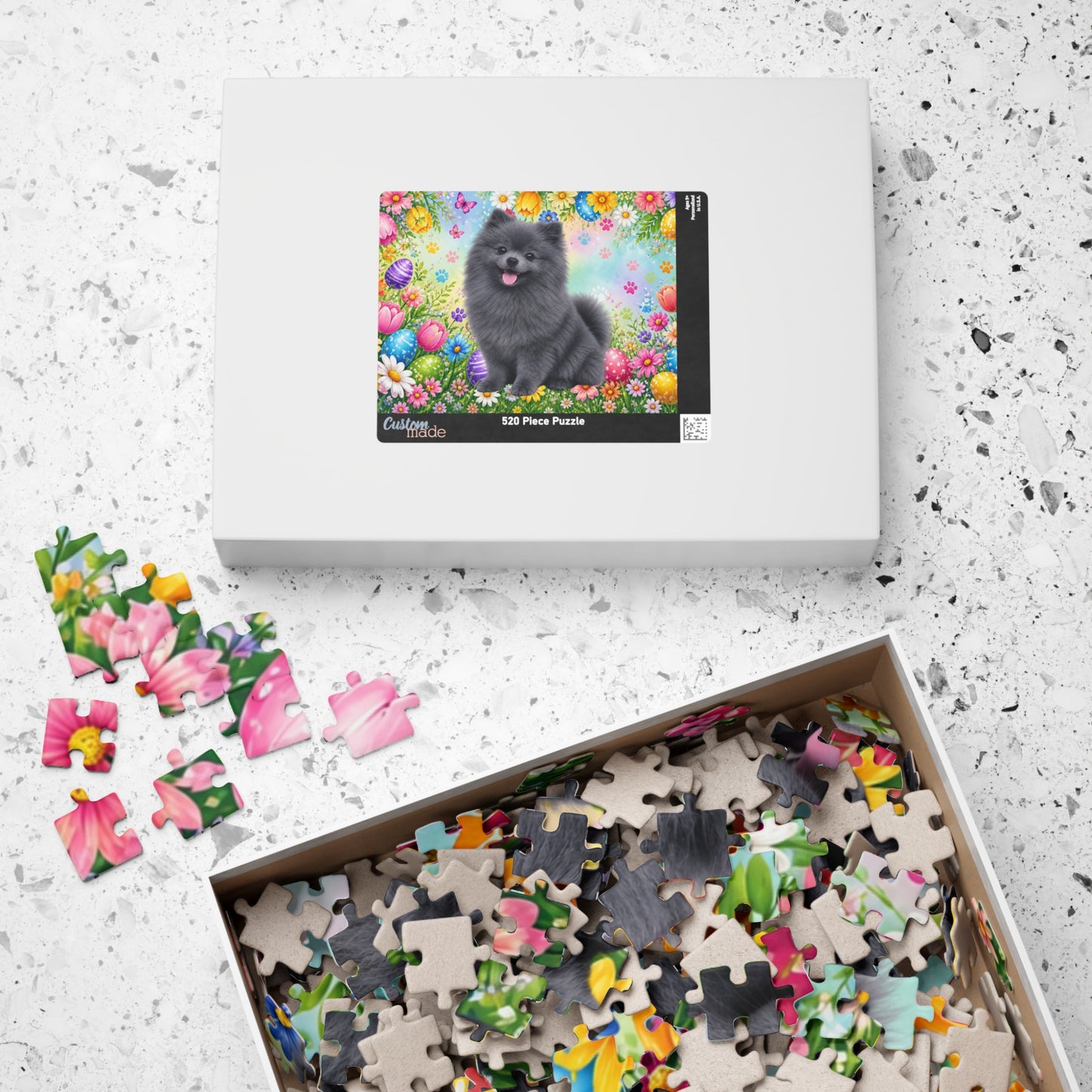 Pomeranian (Blue) Easter Puppy Puzzle - Spring Garden with Eggs, Tulips, and Daisies