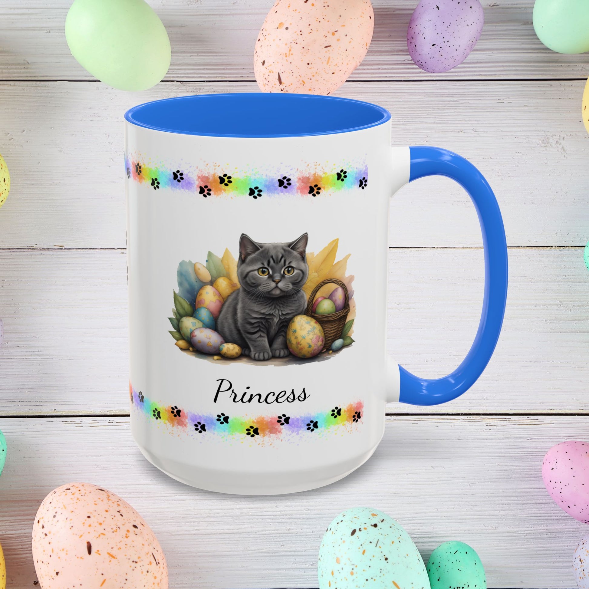 British Shorthair: Personalized Easter Kitten Coffee Mug - Adorable Cat Design, Mental Health Gift, 11oz & 15oz, 12 Color Choices, Easter Gifts & Décor