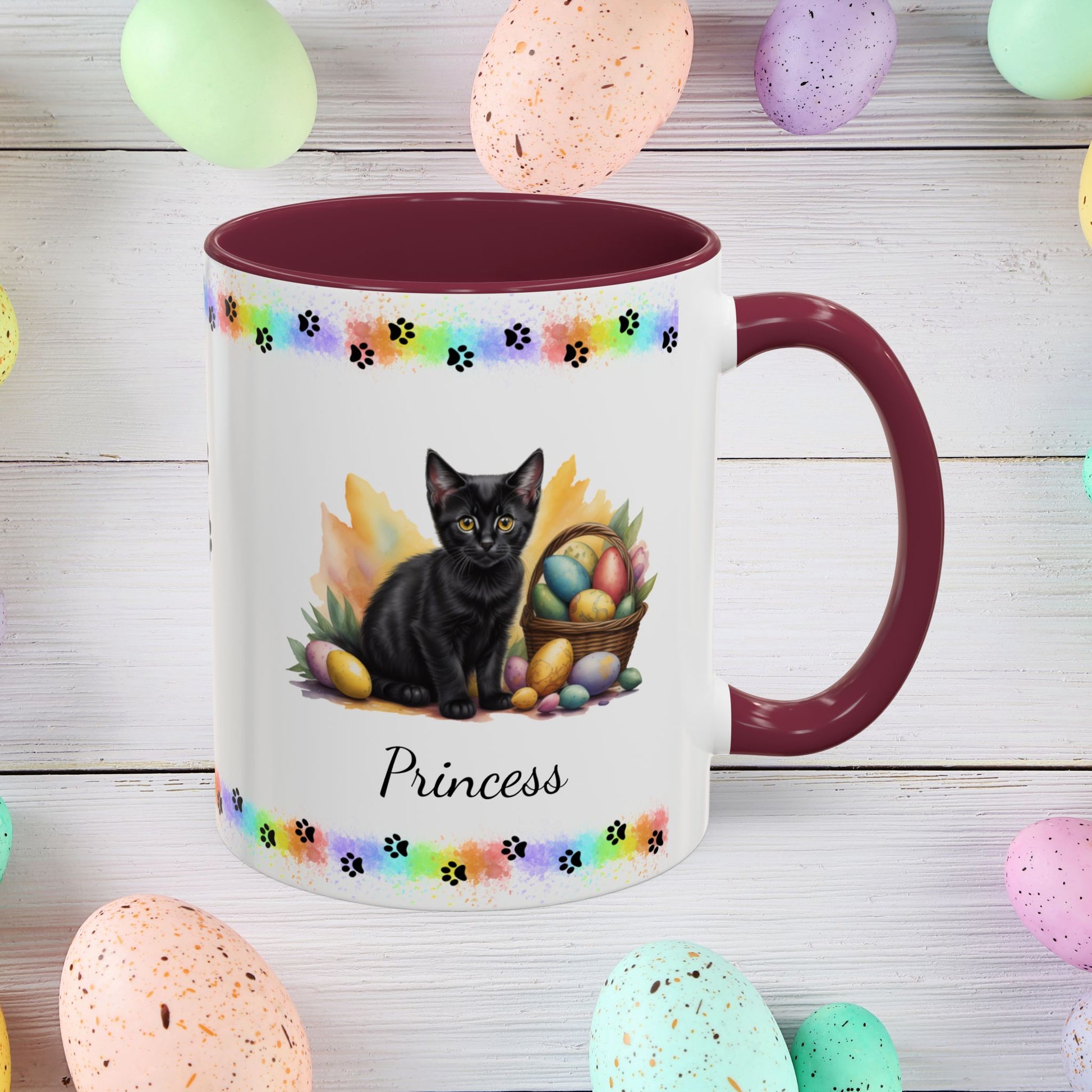 Bombay: Personalized Easter Kitten Coffee Mug - Adorable Cat Design, Mental Health Gift, 11oz & 15oz, 12 Color Choices, Easter Gifts & Décor