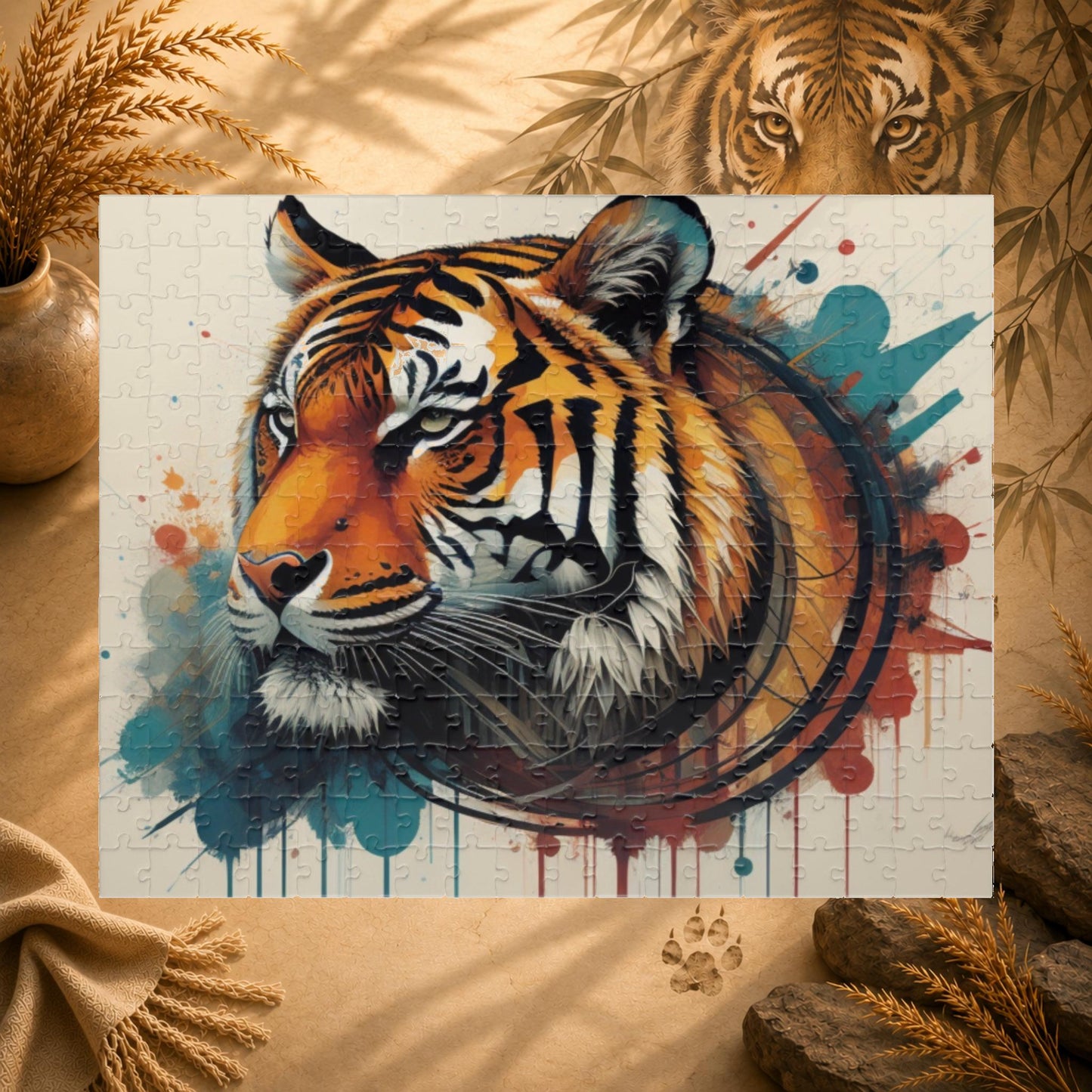 The Resilient Tiger - Expressive Tiger Puzzle with Circular Brushstroke and Paint Drips on White