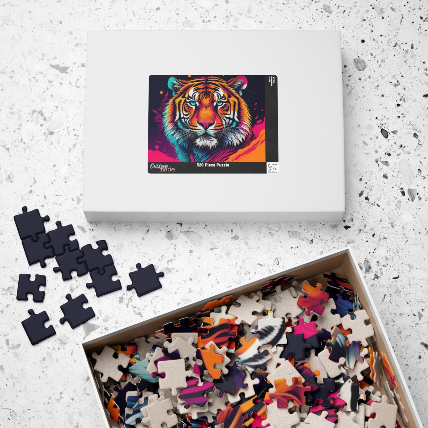 Roar to Renewal - Close-Up Neon Tiger Puzzle with Teal Eyes and Magenta Splatter Art