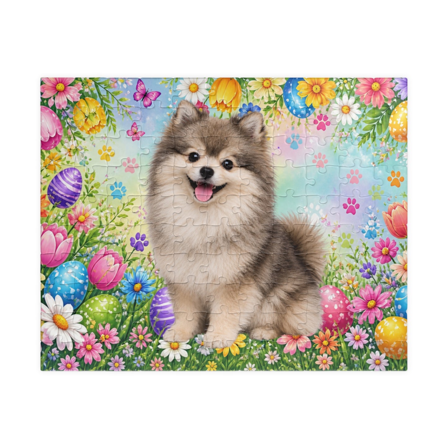 Pomeranian (Wolf Sable) Easter Puppy Puzzle - Spring Garden with Eggs, Tulips, and Butterflies