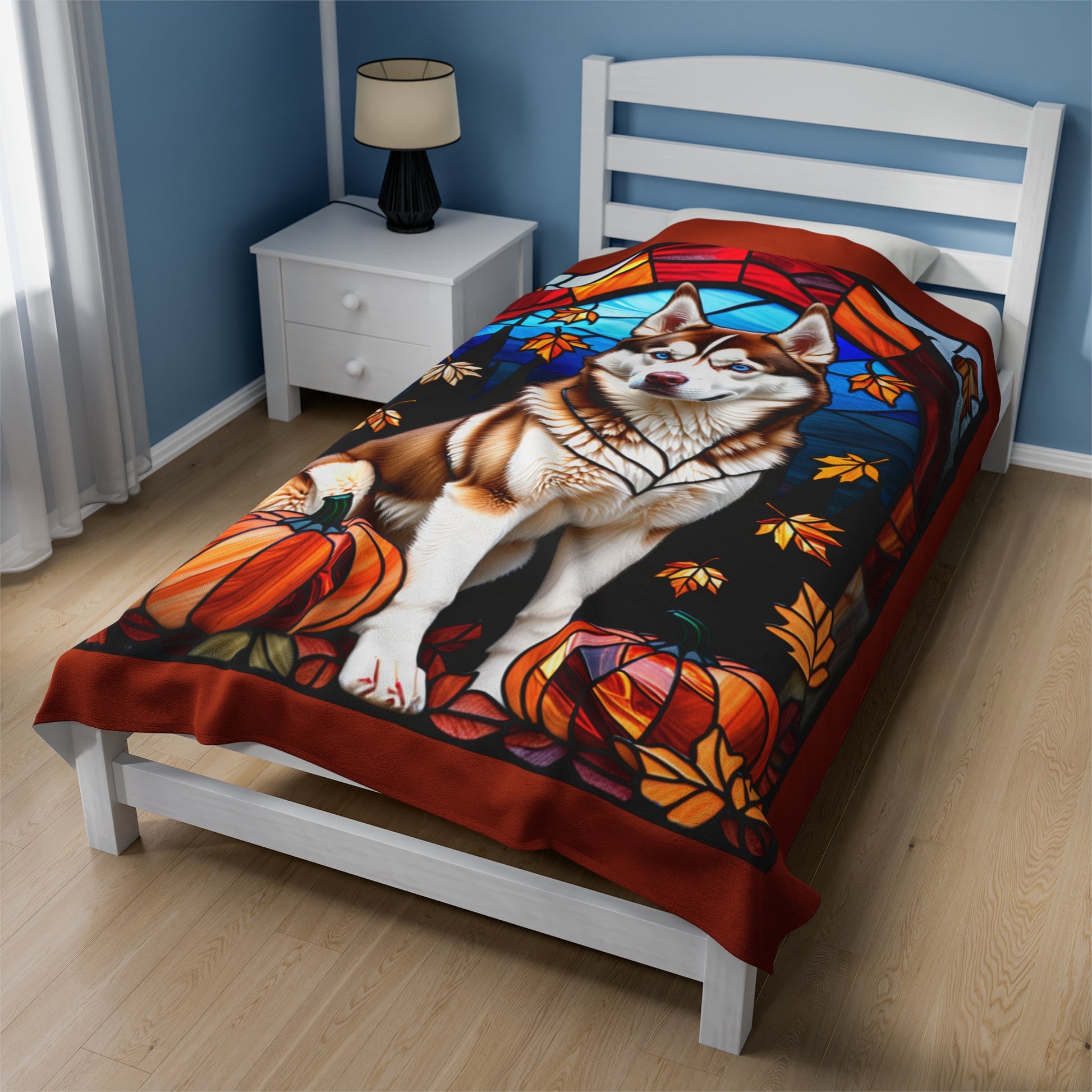 Soft velveteen Red and White Husky blanket with vibrant stained glass design, perfect dog lover gift