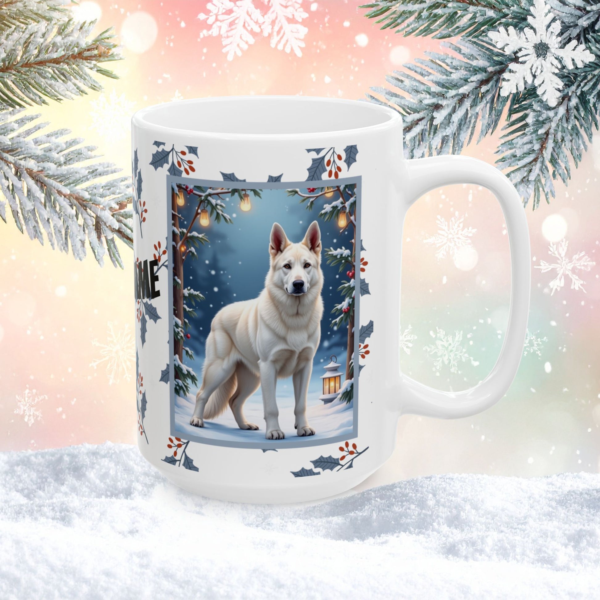 German Shepherd (White) Winter Mug - white German Shepherd artwork standing in a bright winter scene with snow-covered trees